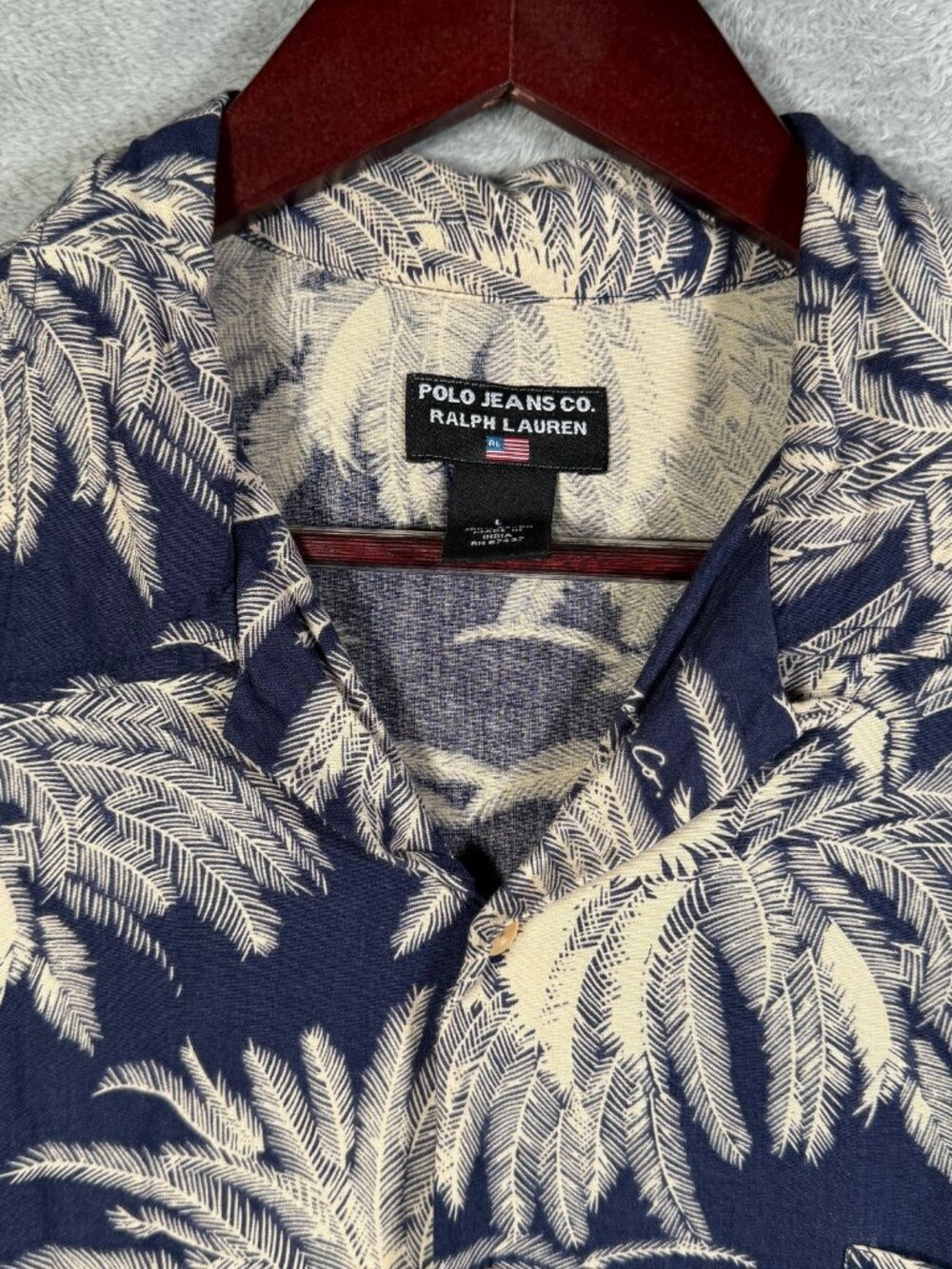 Polo Jeans Co Ralph Lauren Shirt Mens L Blue Palm Tree Hawaiian Camp Rayon